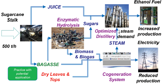 Schéma d’un procédé de production d’éthanol et de cogénération de chaleur/électricité.