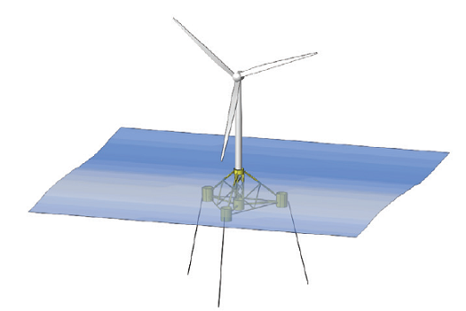 Confi guration d’une éolienne sur le fl otteur IFPEN/ SBM Offshore, ayant fait l’objet de simulations avec DeepLines WindT™