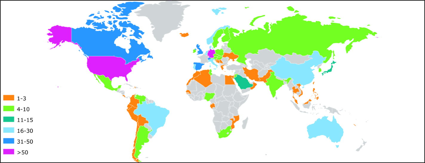 Carte des coopérations internationales des publications Web of Science (WOS) 2017-2021