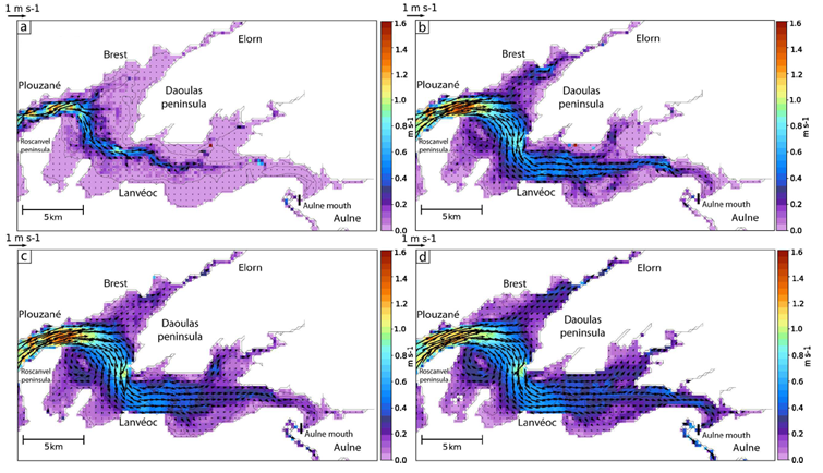 Simulation hydrosédimentaire des courants de flot réalisée avec Mars 3D (logiciel Ifremer), à quatre étapes clefs de l’ennoiement de la rade de Brest [2] 