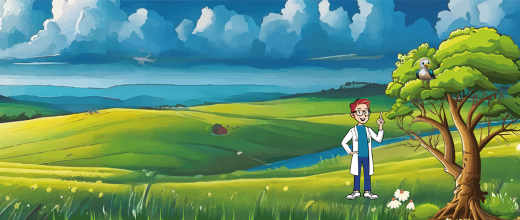 Fond de campagne avec le jeune scientifique Ziggy et son ami l'oiseau Gazouil